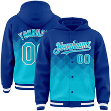 Load image into Gallery viewer, Custom Royal Lakes Blue-White Gradient Square Shape 3D Pattern Design Bomber Full-Snap Varsity Letterman Hoodie Jacket
