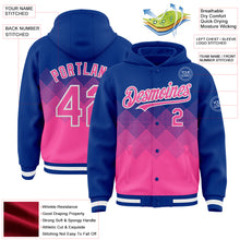 Load image into Gallery viewer, Custom Royal Pink-White Gradient Square Shape 3D Pattern Design Bomber Full-Snap Varsity Letterman Hoodie Jacket
