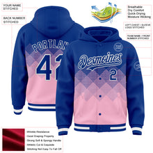 Load image into Gallery viewer, Custom Royal Light Pink-White Gradient Square Shape 3D Pattern Design Bomber Full-Snap Varsity Letterman Hoodie Jacket
