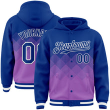 Load image into Gallery viewer, Custom Royal Medium Purple-White Gradient Square Shape 3D Pattern Design Bomber Full-Snap Varsity Letterman Hoodie Jacket

