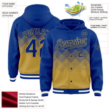 Load image into Gallery viewer, Custom Royal Old Gold-White Gradient Square Shape 3D Pattern Design Bomber Full-Snap Varsity Letterman Hoodie Jacket
