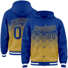 Load image into Gallery viewer, Custom Royal Old Gold-White Gradient Square Shape 3D Pattern Design Bomber Full-Snap Varsity Letterman Hoodie Jacket
