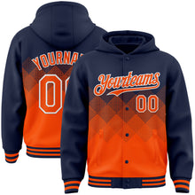 Load image into Gallery viewer, Custom Navy Orange-White Gradient Square Shape 3D Pattern Design Bomber Full-Snap Varsity Letterman Hoodie Jacket
