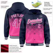 Load image into Gallery viewer, Custom Navy Pink-White Gradient Square Shape 3D Pattern Design Bomber Full-Snap Varsity Letterman Hoodie Jacket
