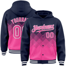 Load image into Gallery viewer, Custom Navy Pink-White Gradient Square Shape 3D Pattern Design Bomber Full-Snap Varsity Letterman Hoodie Jacket
