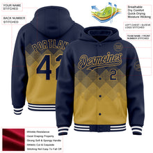 Load image into Gallery viewer, Custom Navy Old Gold-White Gradient Square Shape 3D Pattern Design Bomber Full-Snap Varsity Letterman Hoodie Jacket
