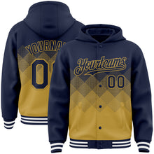 Load image into Gallery viewer, Custom Navy Old Gold-White Gradient Square Shape 3D Pattern Design Bomber Full-Snap Varsity Letterman Hoodie Jacket
