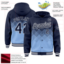 Load image into Gallery viewer, Custom Navy Light Blue-White Gradient Square Shape 3D Pattern Design Bomber Full-Snap Varsity Letterman Hoodie Jacket
