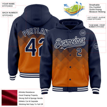 Load image into Gallery viewer, Custom Navy Texas Orange-White Gradient Square Shape 3D Pattern Design Bomber Full-Snap Varsity Letterman Hoodie Jacket

