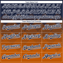 Load image into Gallery viewer, Custom Navy Texas Orange-White Gradient Square Shape 3D Pattern Design Bomber Full-Snap Varsity Letterman Hoodie Jacket
