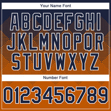 Load image into Gallery viewer, Custom Navy Texas Orange-White Gradient Square Shape 3D Pattern Design Bomber Full-Snap Varsity Letterman Hoodie Jacket
