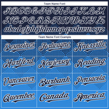 Load image into Gallery viewer, Custom Navy Powder Blue-White Gradient Square Shape 3D Pattern Design Bomber Full-Snap Varsity Letterman Hoodie Jacket
