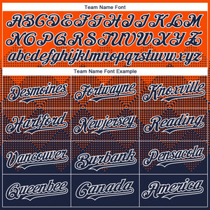Custom Orange Navy-White Gradient Square Shape 3D Pattern Design Bomber Full-Snap Varsity Letterman Hoodie Jacket