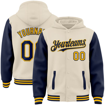 Custom Cream Navy-Gold Bomber Full-Snap Varsity Letterman Two Tone Hoodie Jacket