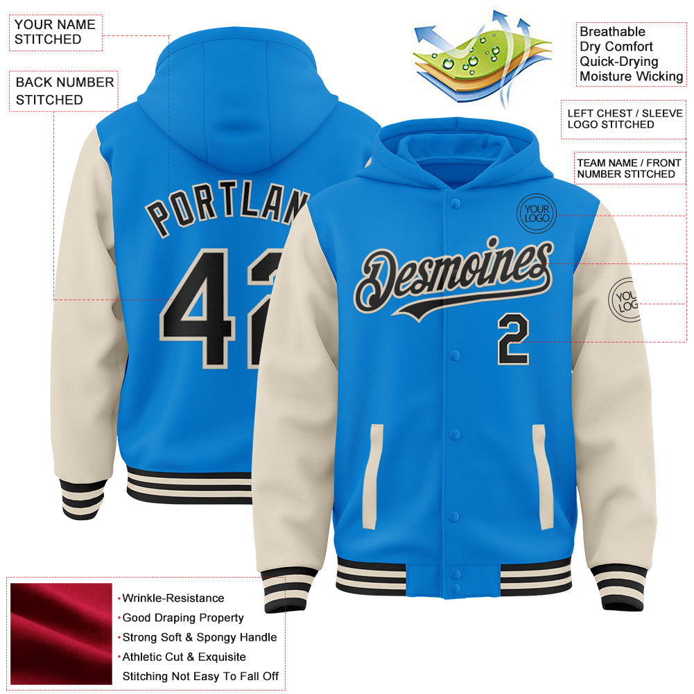 Custom Powder Blue Black-Cream Bomber Full-Snap Varsity Letterman Two ...