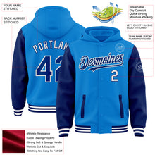 Load image into Gallery viewer, Custom Powder Blue Royal-White Bomber Full-Snap Varsity Letterman Two Tone Hoodie Jacket
