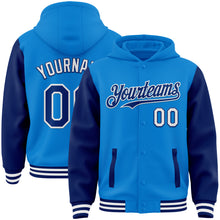 Load image into Gallery viewer, Custom Powder Blue Royal-White Bomber Full-Snap Varsity Letterman Two Tone Hoodie Jacket
