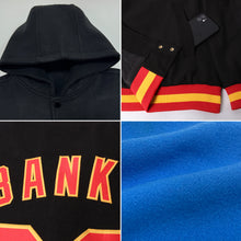 Load image into Gallery viewer, Custom Powder Blue Royal-Red Bomber Full-Snap Varsity Letterman Two Tone Hoodie Jacket
