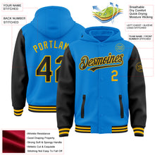Load image into Gallery viewer, Custom Powder Blue Black-Gold Bomber Full-Snap Varsity Letterman Two Tone Hoodie Jacket
