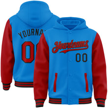 Load image into Gallery viewer, Custom Powder Blue Red-Black Bomber Full-Snap Varsity Letterman Two Tone Hoodie Jacket
