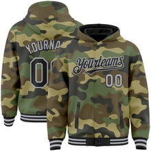 Load image into Gallery viewer, Custom Camo Black-Gray Bomber Full-Snap Varsity Letterman Salute To Service Hoodie Jacket
