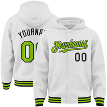 Load image into Gallery viewer, Custom White Neon Green-Black Bomber Full-Snap Varsity Letterman Hoodie Jacket
