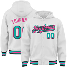 Load image into Gallery viewer, Custom White Aqua Black-Pink Bomber Full-Snap Varsity Letterman Hoodie Jacket
