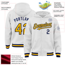 Load image into Gallery viewer, Custom White Gold-Navy Bomber Full-Snap Varsity Letterman Hoodie Jacket
