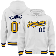 Load image into Gallery viewer, Custom White Gold-Navy Bomber Full-Snap Varsity Letterman Hoodie Jacket
