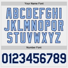 Load image into Gallery viewer, Custom White Navy-Light Blue Bomber Full-Snap Varsity Letterman Hoodie Jacket
