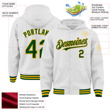 Load image into Gallery viewer, Custom White Green-Gold Bomber Full-Snap Varsity Letterman Hoodie Jacket
