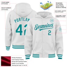 Load image into Gallery viewer, Custom White Teal Bomber Full-Snap Varsity Letterman Hoodie Jacket
