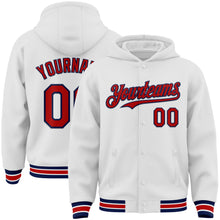 Load image into Gallery viewer, Custom White Red-Navy Bomber Full-Snap Varsity Letterman Hoodie Jacket
