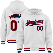 Load image into Gallery viewer, Custom White Navy-Red Bomber Full-Snap Varsity Letterman Hoodie Jacket
