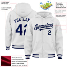 Load image into Gallery viewer, Custom White Navy-Gray Bomber Full-Snap Varsity Letterman Hoodie Jacket
