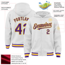 Load image into Gallery viewer, Custom White Purple-Gold Bomber Full-Snap Varsity Letterman Hoodie Jacket
