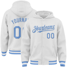 Load image into Gallery viewer, Custom White Light Blue Bomber Full-Snap Varsity Letterman Hoodie Jacket
