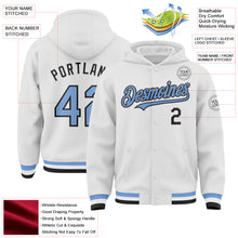 Load image into Gallery viewer, Custom White Light Blue-Black Bomber Full-Snap Varsity Letterman Hoodie Jacket
