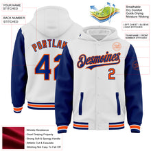 Load image into Gallery viewer, Custom White Royal-Orange Bomber Full-Snap Varsity Letterman Two Tone Hoodie Jacket

