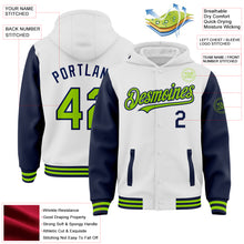 Load image into Gallery viewer, Custom White Neon Green-Navy Bomber Full-Snap Varsity Letterman Two Tone Hoodie Jacket

