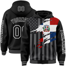 Load image into Gallery viewer, Custom Black Gray-White Dominican Republic Flag 3D Bomber Full-Snap Varsity Letterman Hoodie Jacket
