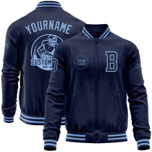 Load image into Gallery viewer, Custom Navy Light Blue Bomber Varsity Letterman Zipper Jacket
