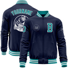 Load image into Gallery viewer, Custom Navy Teal-White Bomber Varsity Letterman Zipper Jacket
