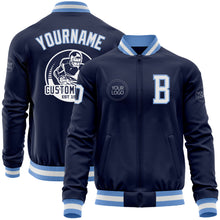 Load image into Gallery viewer, Custom Navy White-Light Blue Bomber Varsity Letterman Zipper Jacket
