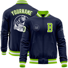 Load image into Gallery viewer, Custom Navy White-Neon Green Bomber Varsity Letterman Zipper Jacket
