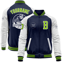 Load image into Gallery viewer, Custom Navy Neon Green-White Bomber Varsity Letterman Two Tone Zipper Jacket
