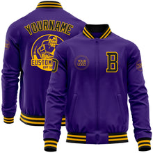 Load image into Gallery viewer, Custom Purple Black-Gold Bomber Varsity Letterman Zipper Jacket
