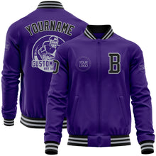 Load image into Gallery viewer, Custom Purple Black-Gray Bomber Varsity Letterman Zipper Jacket
