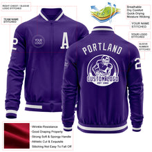 Load image into Gallery viewer, Custom Purple White Bomber Varsity Letterman Zipper Jacket
