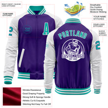 Load image into Gallery viewer, Custom Purple Aqua-White Bomber Varsity Letterman Two Tone Zipper Jacket
